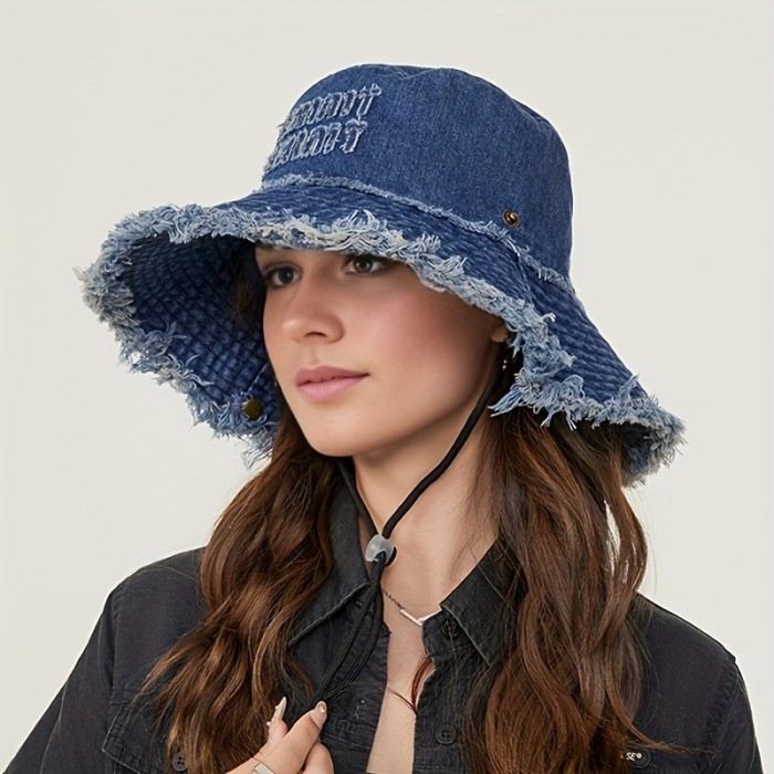 Vintage Frayed Edge Bucket Hat, Distressed Denim Fisherman Cap For Outdoor, Camping, Hiking, Photography, Cowboy Style Unisex Hat