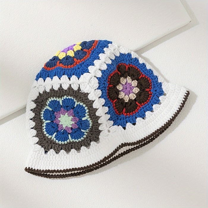 Handmade Acrylic Knit Beanie Hat with Daisy Pattern - Lightweight, Non-Stretch Craftsmanship, Flower Motif Knitted Skull Cap