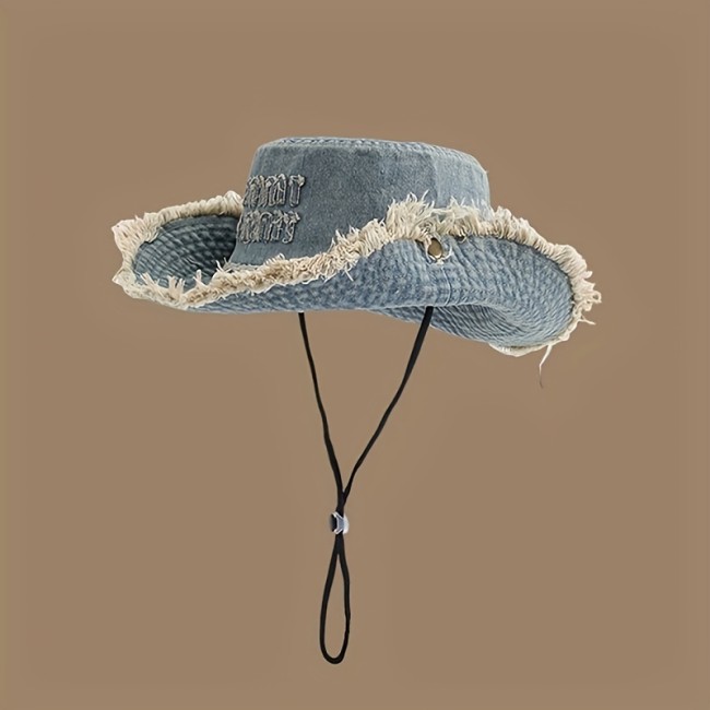 Vintage Frayed Edge Bucket Hat, Distressed Denim Fisherman Cap For Outdoor, Camping, Hiking, Photography, Cowboy Style Unisex Hat