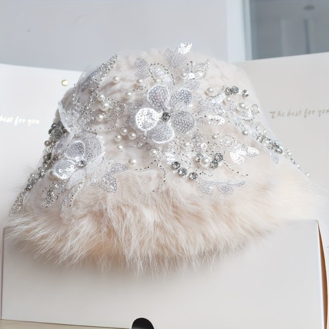 Women's Winter Warm Faux Fur Cap with Embroidered Rhinestone Floral Design, Acrylic Hand Washable Lightweight Non-Stretch Hat