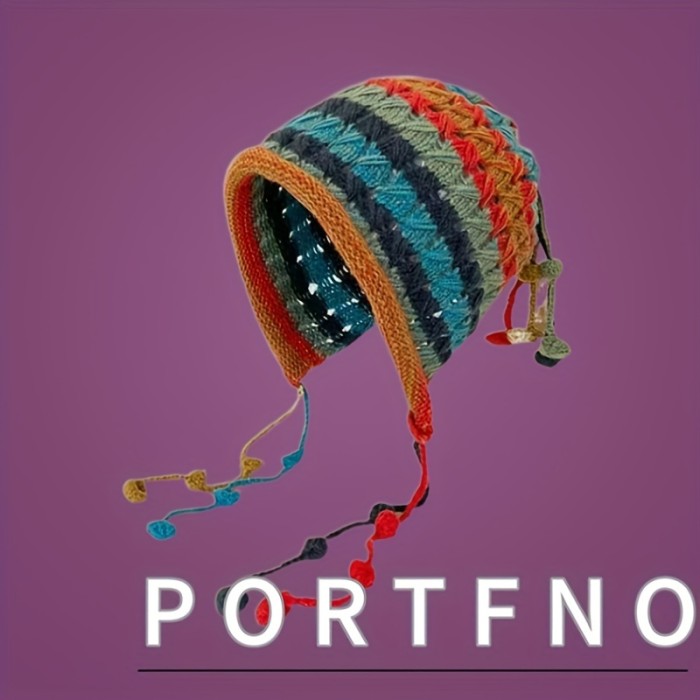 Cozy Hand-Knit Colorful Striped Beanie with Ear Flaps - Thick, Warm & Windproof for Women | Perfect for Autumn & Winter