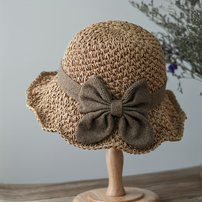 Elegant French Style Sun Hat for Women - Hand-Woven Linen Bucket Cap with Retro Ruffle Brim and Butterfly Knot, Breathable, Foldable Travel Beach Hat with No Feathers, Elastic and Washable