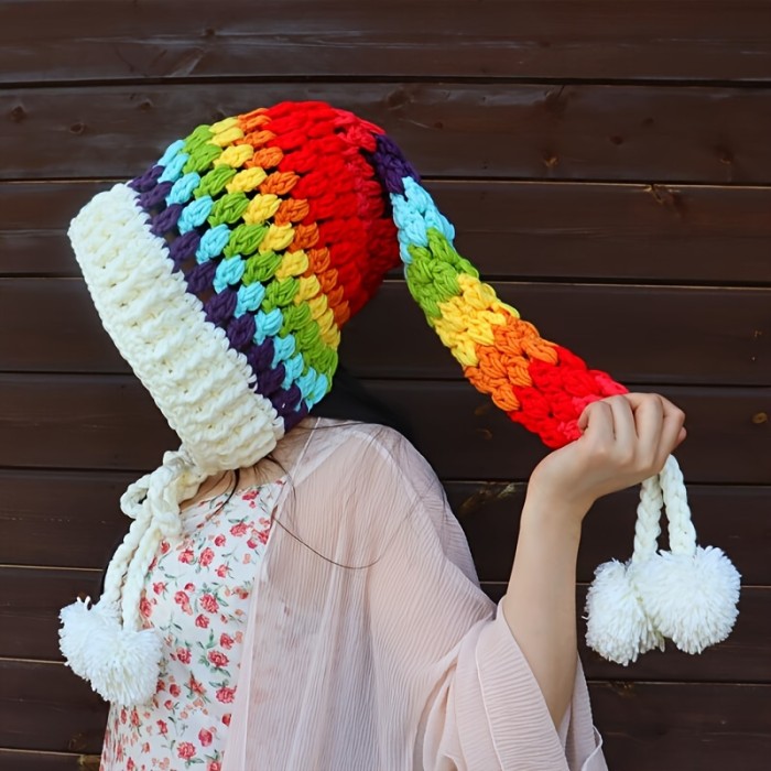 Rainbow Striped Oversized Ear Flap Hat Thick Warm Beanies Pom Pom Pendant Skull Cap Classic Elf Hat For Women Female Autumn & Winter