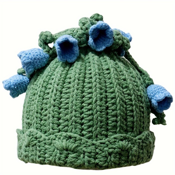 Handmade Crochet Knit Women's Beanie - Acrylic Winter Warm Cap with Fresh Lily Flower Blossoms, Drawstring Furry Hat for Christmas, Movie Themed Inelastic Green