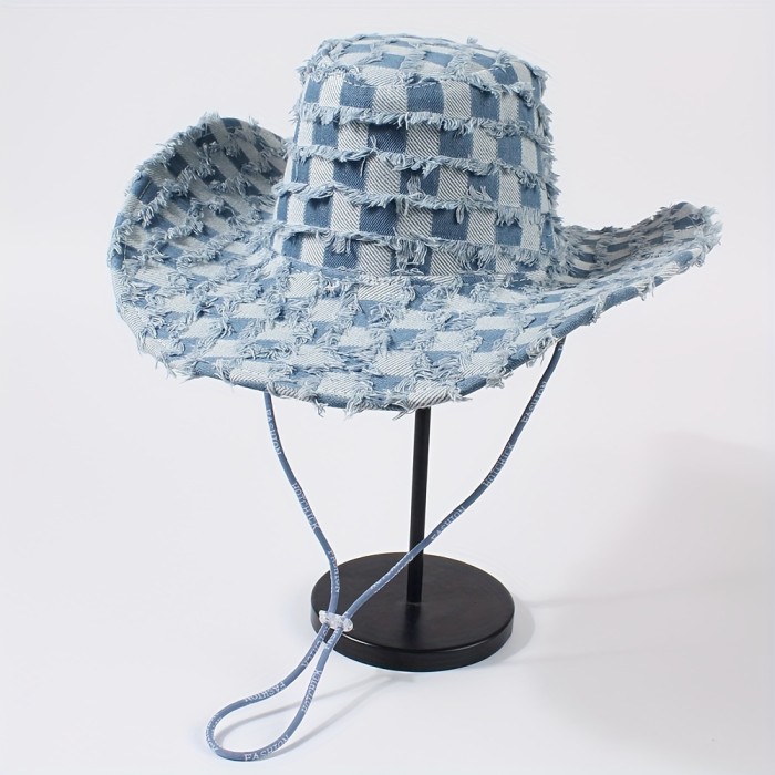 Raw Hem Denim Cowboy Hat Trendy Checkered Washed Distressed Blue Sun Hats Outdoor Hiking Fishing Boonie Cap For Women