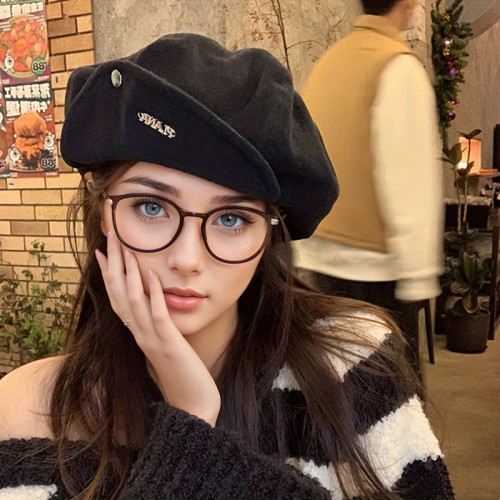 Chic Black Cloud Beret for Women - Fashionable Rolled Brim, Cotton Octagonal Cap with Adjustable Closure, Perfect for Fall\u002FWinter