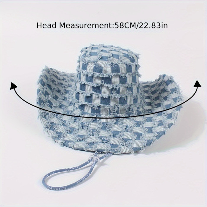 Raw Hem Denim Cowboy Hat Trendy Checkered Washed Distressed Blue Sun Hats Outdoor Hiking Fishing Boonie Cap For Women