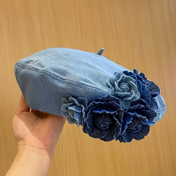 Womens Retro Blue Denim Flower Embellished Beret Hat - Fashion-Forward & Breathable, Perfect for Outdoor Adventures and Travel - Stylish, Comfortable, Adjustable Fit