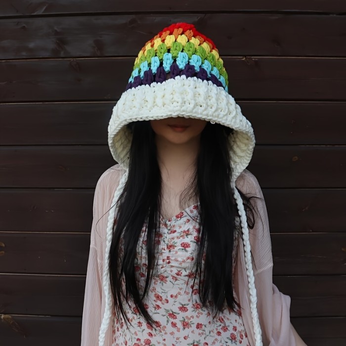 Rainbow Striped Oversized Ear Flap Hat Thick Warm Beanies Pom Pom Pendant Skull Cap Classic Elf Hat For Women Female Autumn & Winter