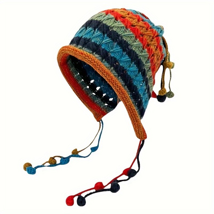 Cozy Hand-Knit Colorful Striped Beanie with Ear Flaps - Thick, Warm & Windproof for Women | Perfect for Autumn & Winter
