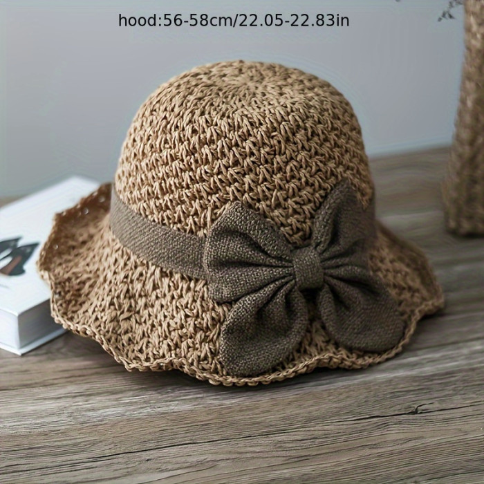 Elegant French Style Sun Hat for Women - Hand-Woven Linen Bucket Cap with Retro Ruffle Brim and Butterfly Knot, Breathable, Foldable Travel Beach Hat with No Feathers, Elastic and Washable