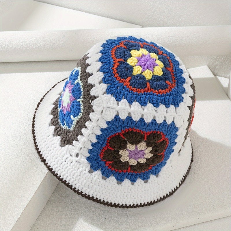 Handmade Acrylic Knit Beanie Hat with Daisy Pattern - Lightweight, Non-Stretch Craftsmanship, Flower Motif Knitted Skull Cap