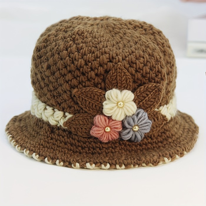 Vintage Flower Crochet Bucket Hat Thick Coldproof Basin Hats Warm Fisherman Cap For Women daily use Autumn & Winter