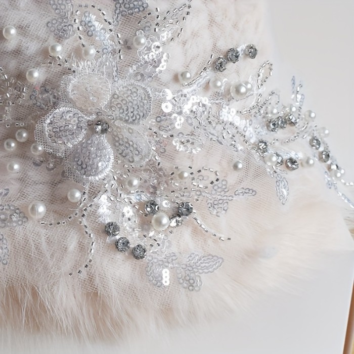 Women's Winter Warm Faux Fur Cap with Embroidered Rhinestone Floral Design, Acrylic Hand Washable Lightweight Non-Stretch Hat