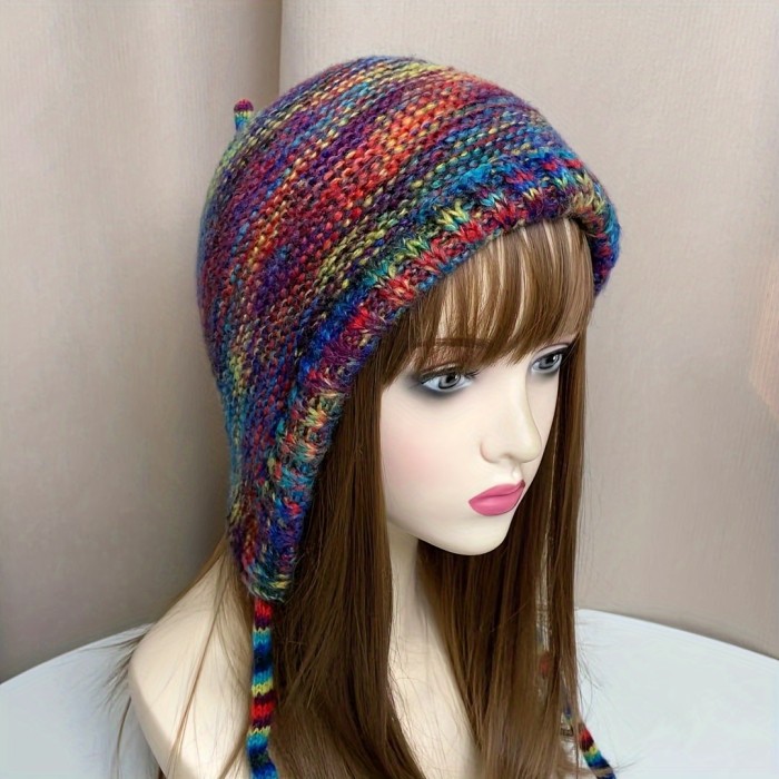 Rainbow Knit Beanie Hat for Women - Soft Polyester, Hand Washable, Non-Stretchy, Collapsible Design