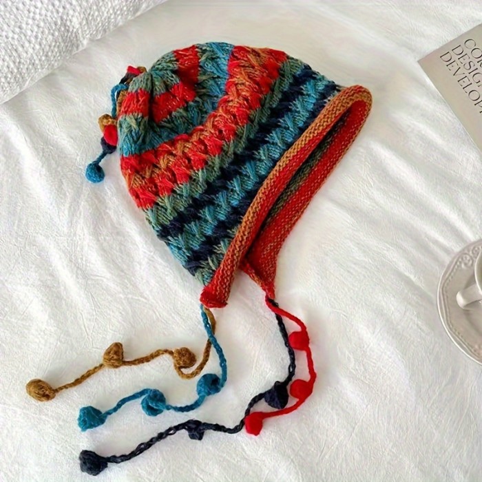 Cozy Hand-Knit Colorful Striped Beanie with Ear Flaps - Thick, Warm & Windproof for Women | Perfect for Autumn & Winter