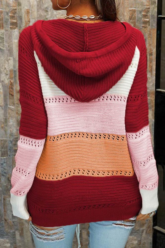 Contrast Color Patchwork Tie-up Hooded Sweater