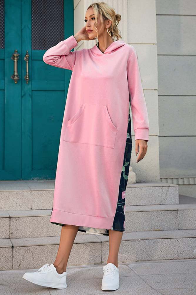 Back Floral Print Patchwork Cotton Long Hoodie