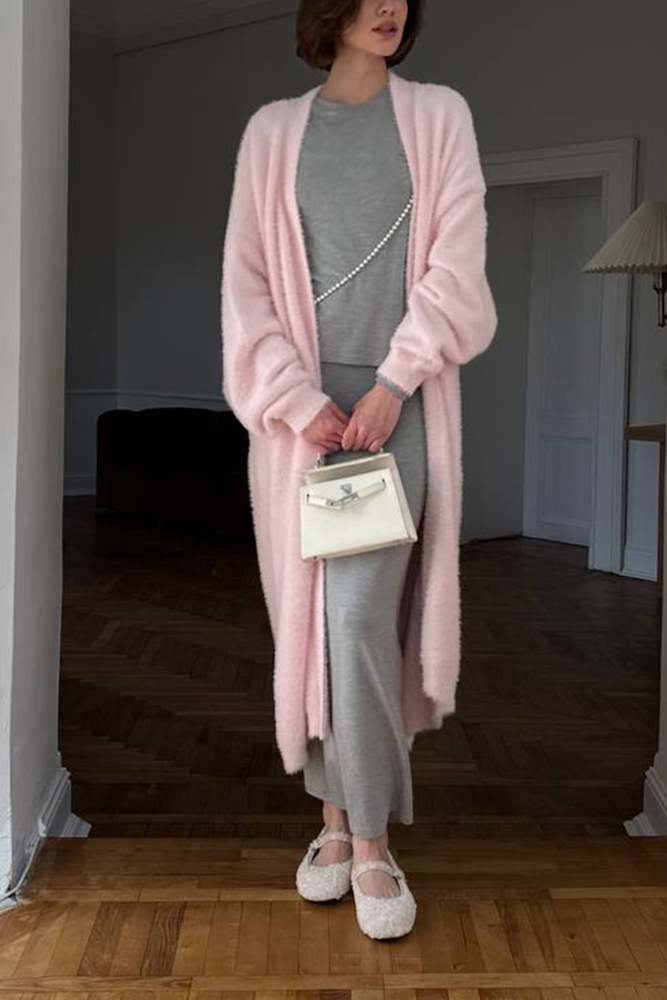 Solid Imitation Mink Tie-up Long Cardigan