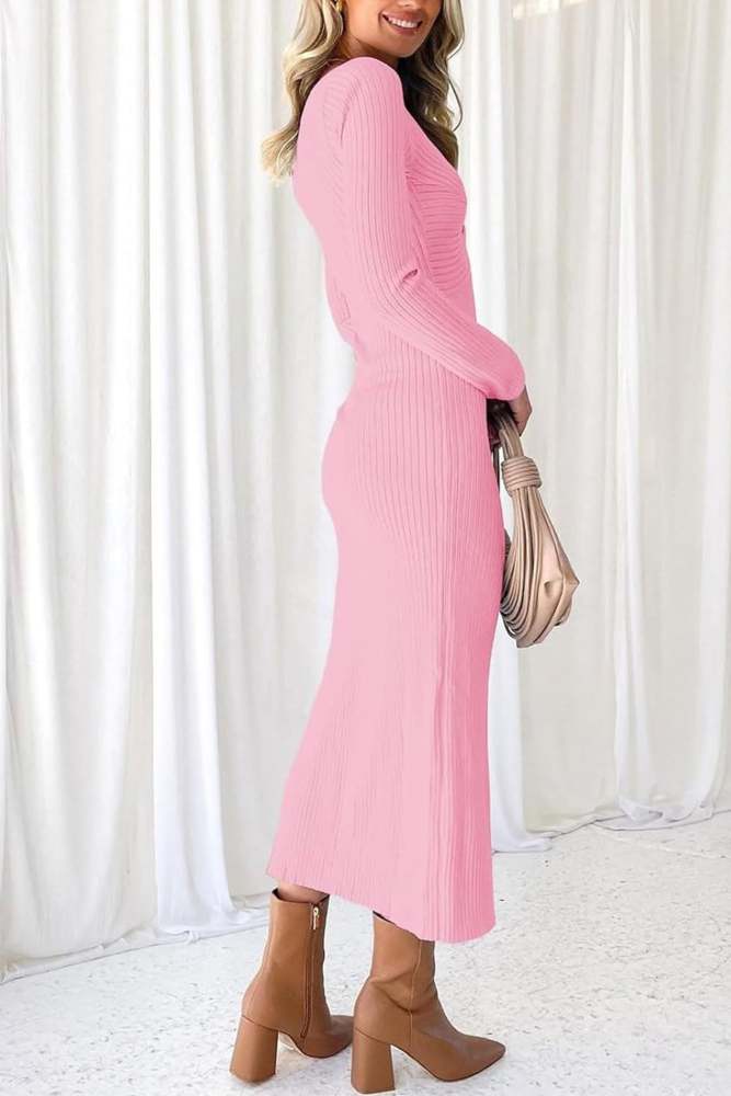 Twisted Long Sleeve Ribbed Knit Dress