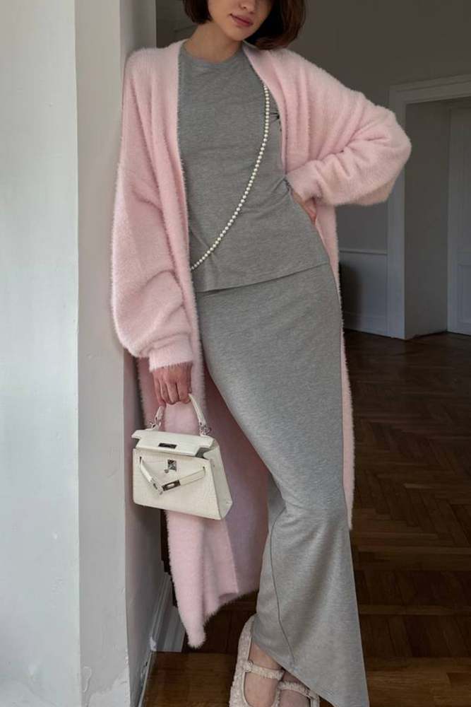 Solid Imitation Mink Tie-up Long Cardigan