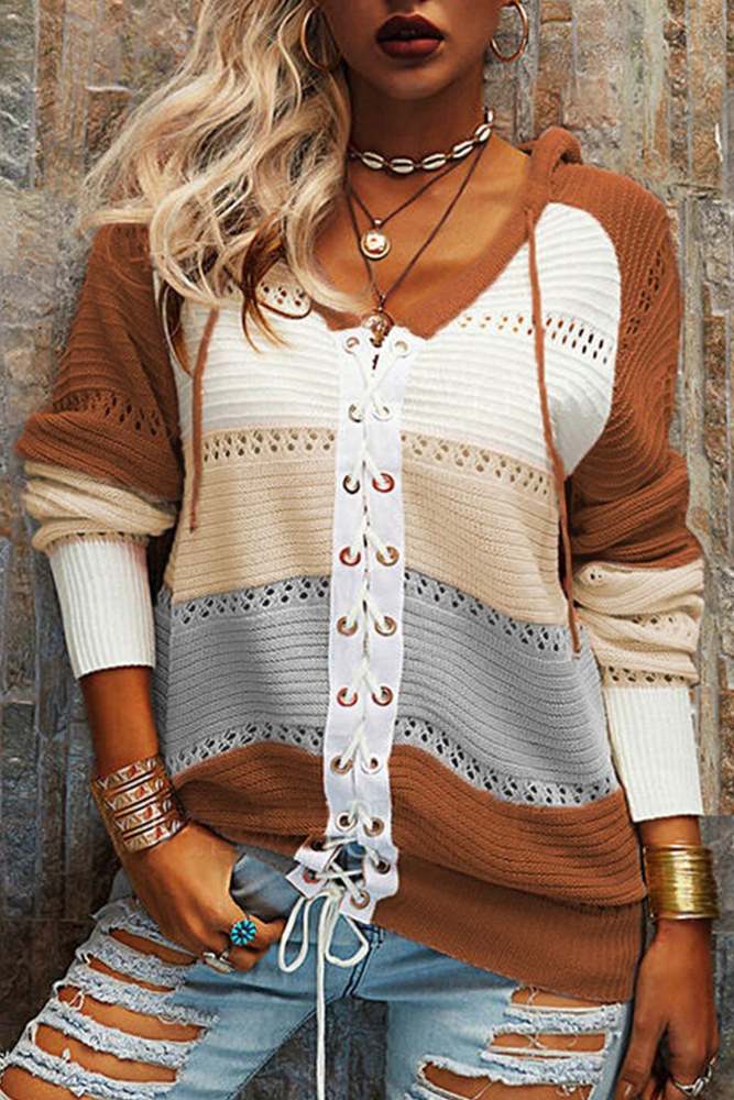 Contrast Color Patchwork Tie-up Hooded Sweater