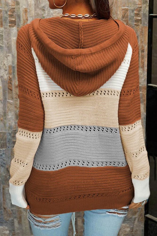 Contrast Color Patchwork Tie-up Hooded Sweater