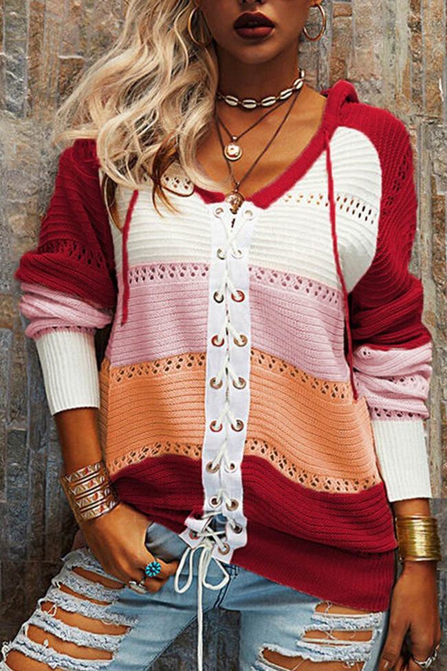 Contrast Color Patchwork Tie-up Hooded Sweater
