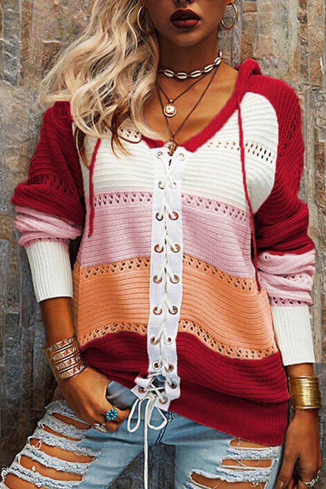 Contrast Color Patchwork Tie-up Hooded Sweater