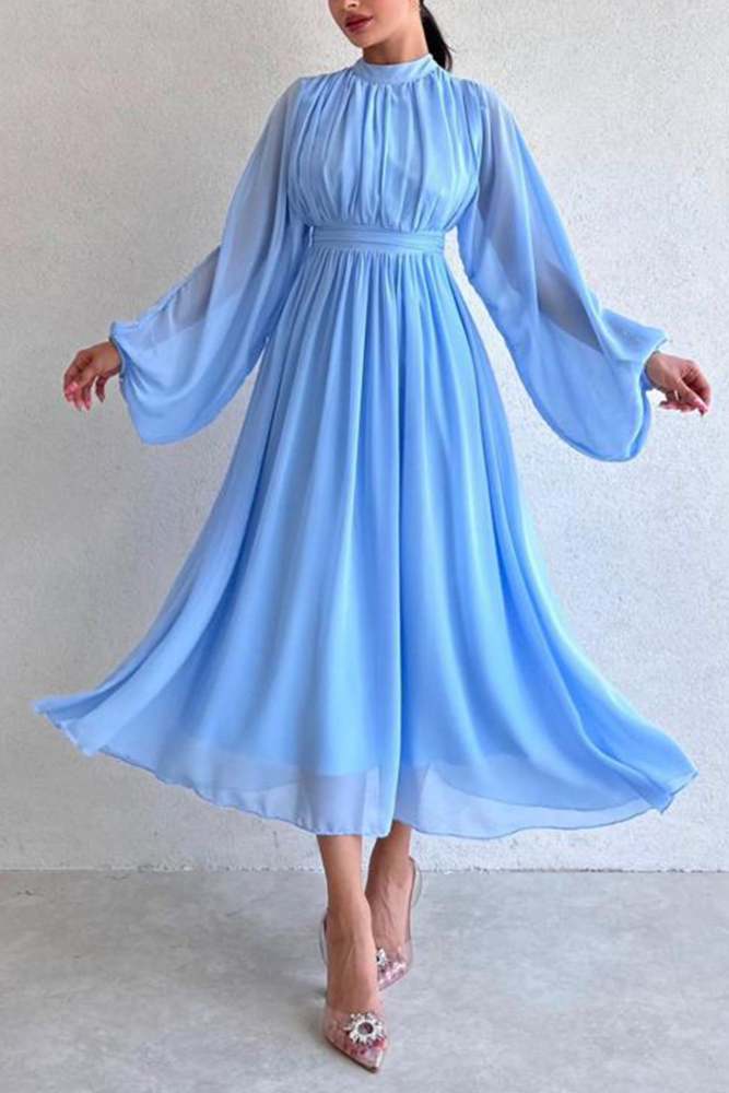Mock Neck High Waist Pleated Midi Dress