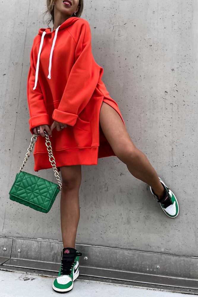 Solid Color Slit Mid-length Hoodie