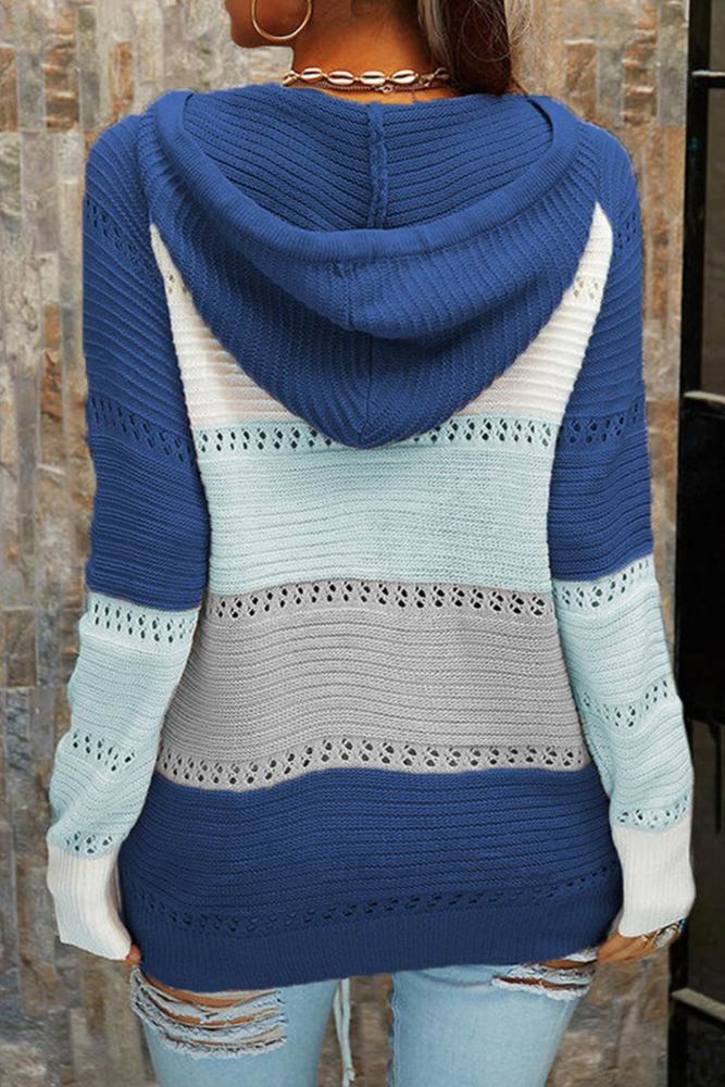 Contrast Color Patchwork Tie-up Hooded Sweater