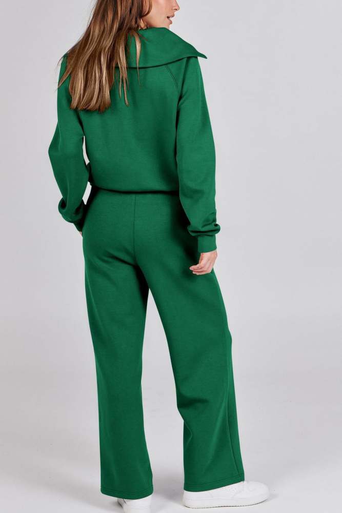 Lapel Zip-up Sweatshirt Wide Leg Long Pants Set