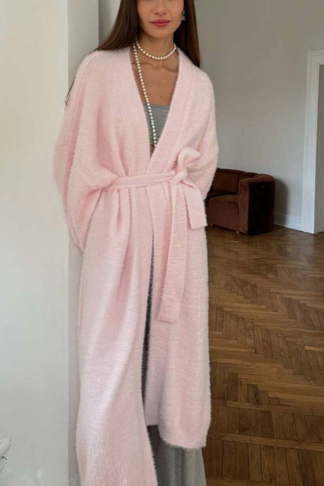 Solid Imitation Mink Tie-up Long Cardigan