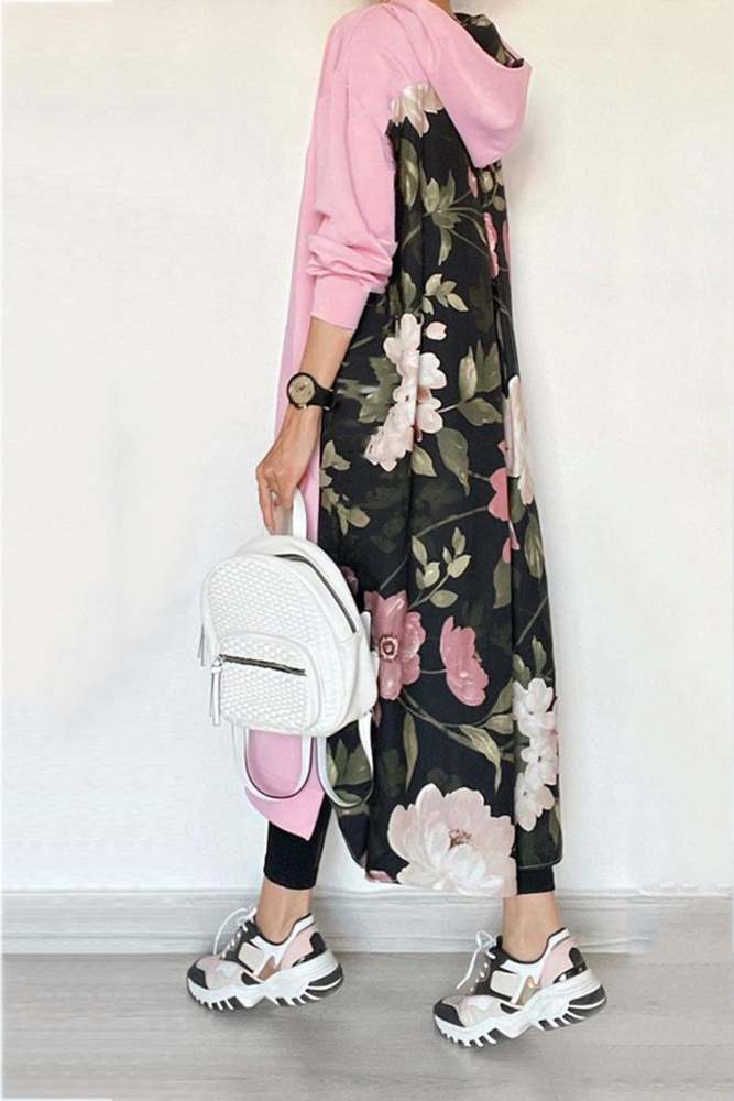 Back Floral Print Patchwork Cotton Long Hoodie