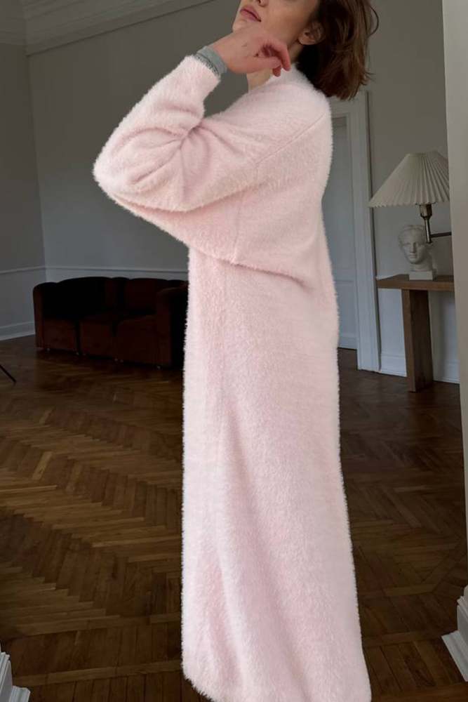 Solid Imitation Mink Tie-up Long Cardigan