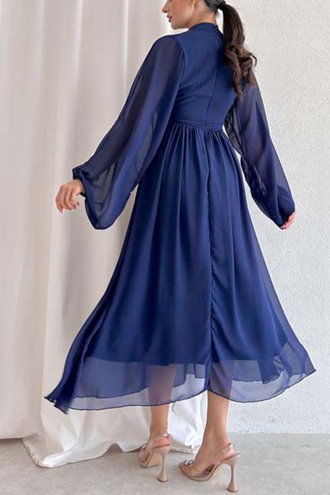 Mock Neck High Waist Pleated Midi Dress