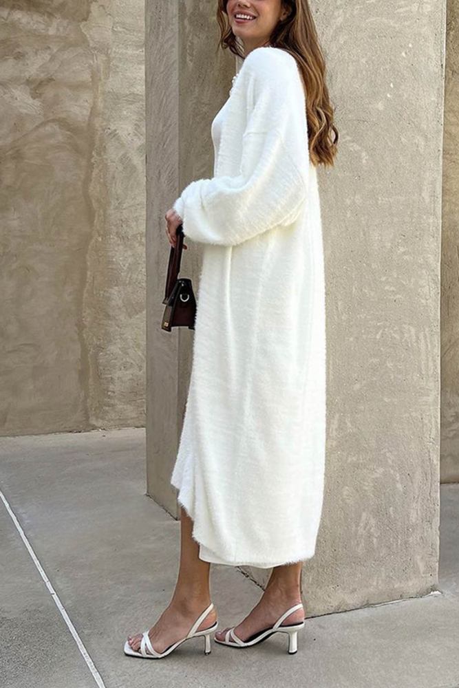 Solid Imitation Mink Tie-up Long Cardigan