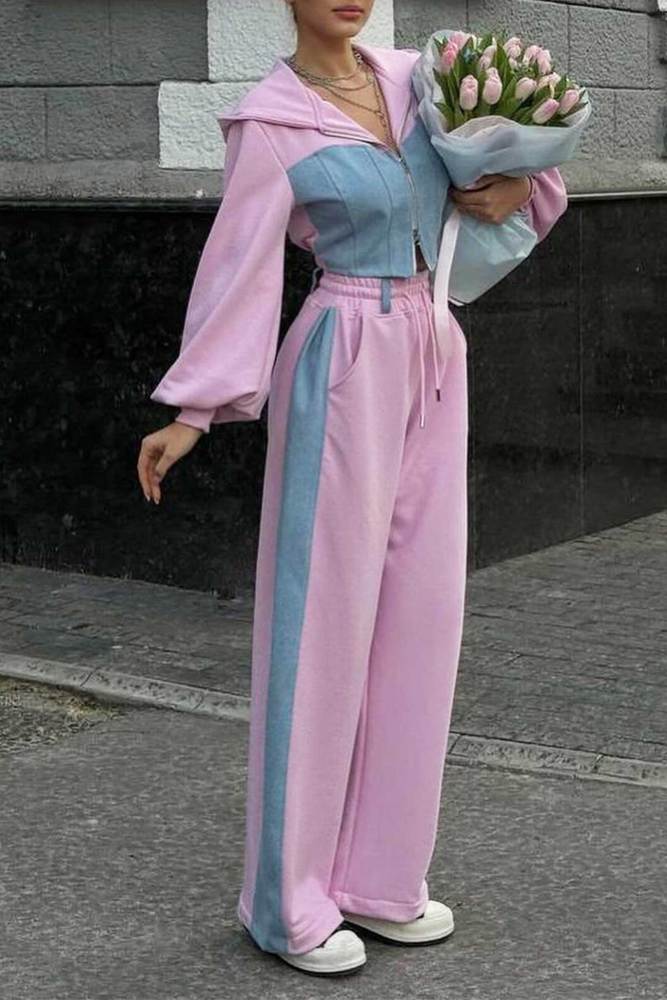 Patchwork Hooded Zipper Crop Top Pants Set