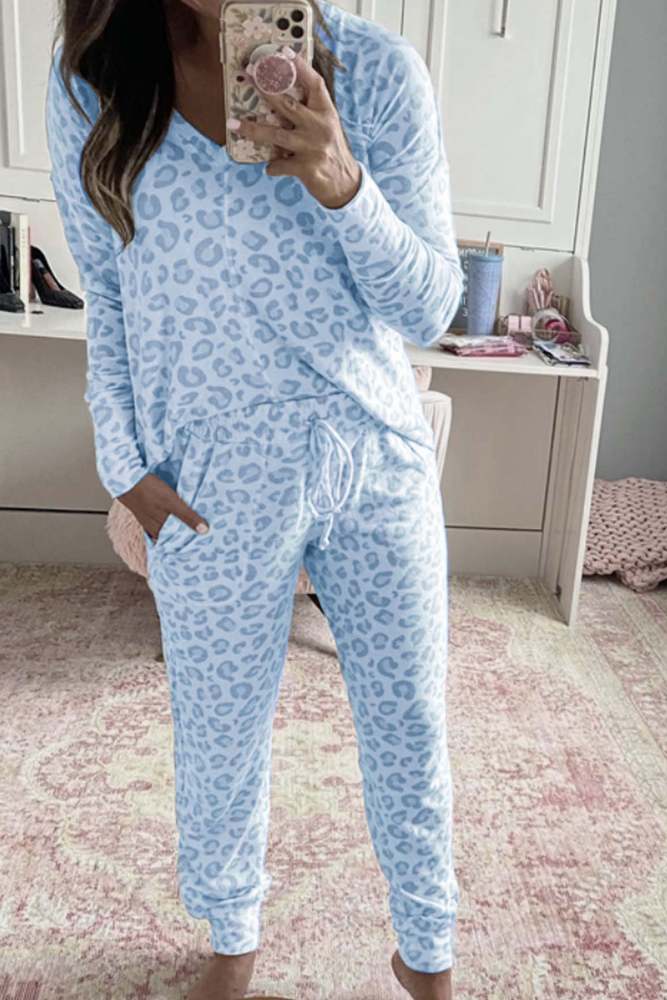 Leopard Print V Neck Long Sleeve Loungewear