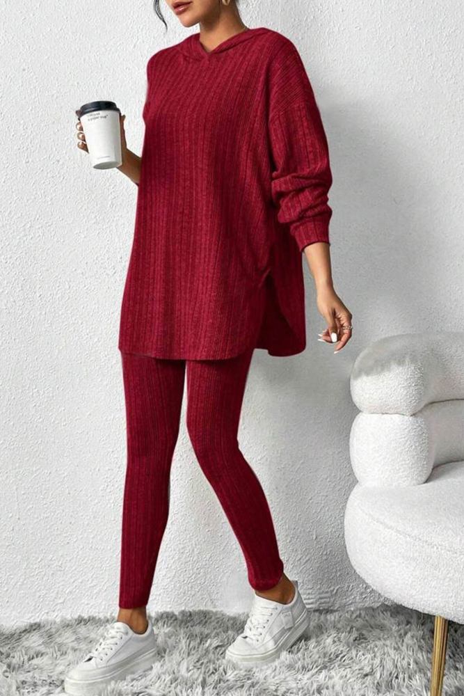 Ribbed Slit Mid-length Hoodie Leggings Set