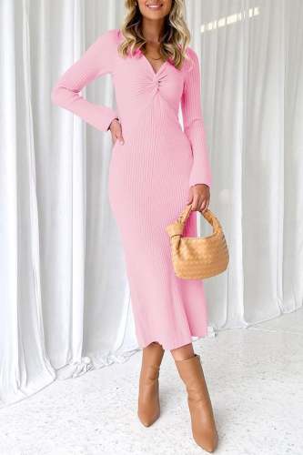Twisted Long Sleeve Ribbed Knit Dress