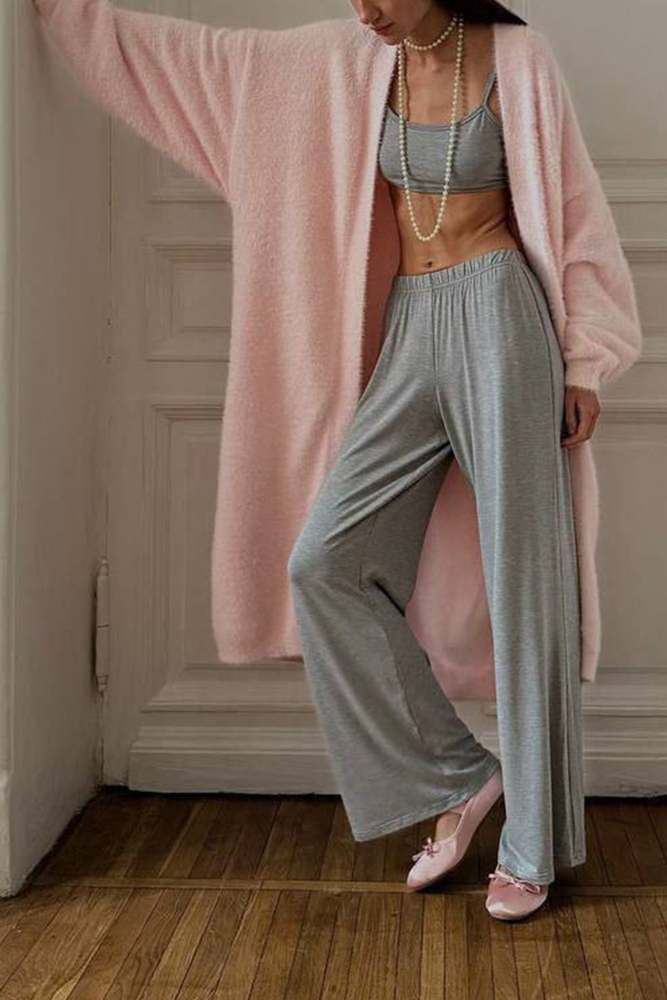 Solid Imitation Mink Tie-up Long Cardigan