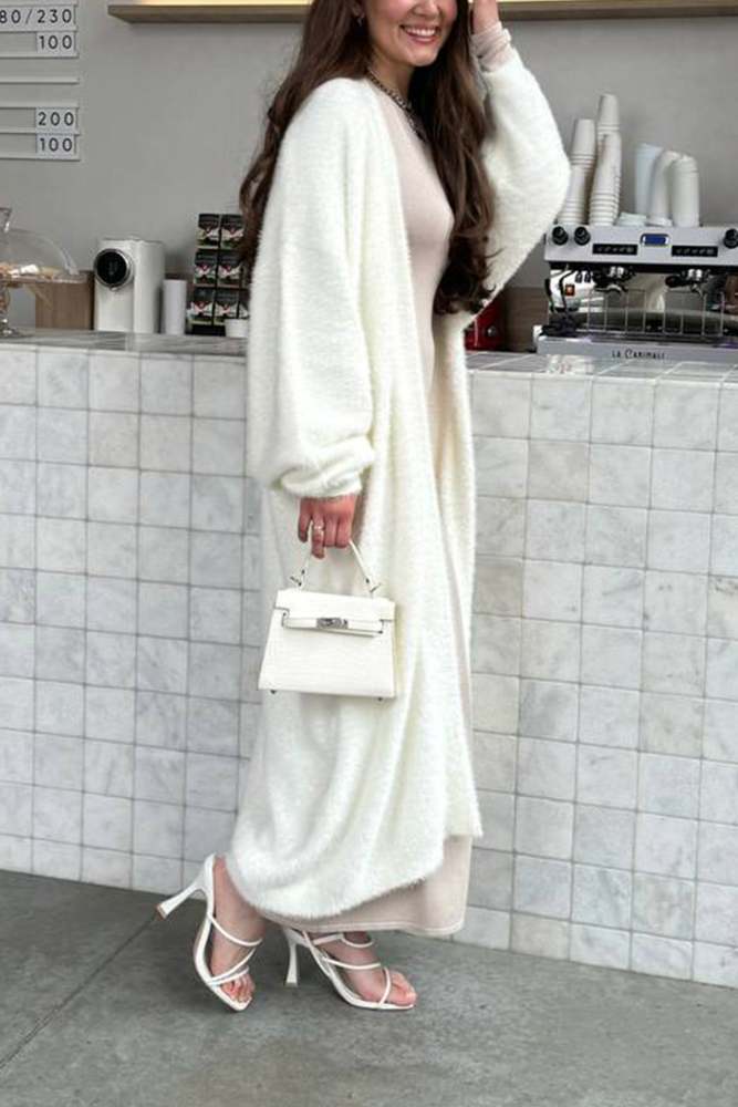 Solid Imitation Mink Tie-up Long Cardigan