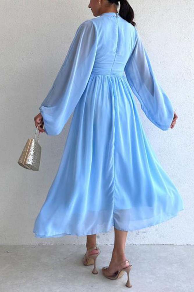 Mock Neck High Waist Pleated Midi Dress