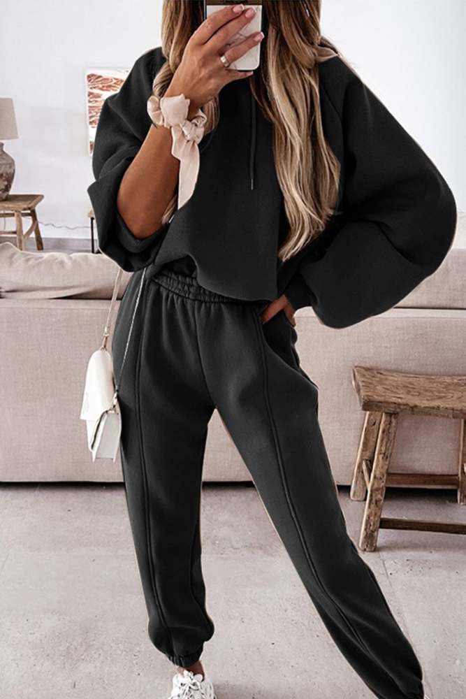 Solid Color Crop Hoodie Suits