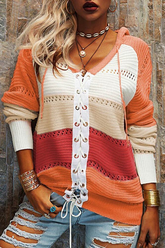 Contrast Color Patchwork Tie-up Hooded Sweater