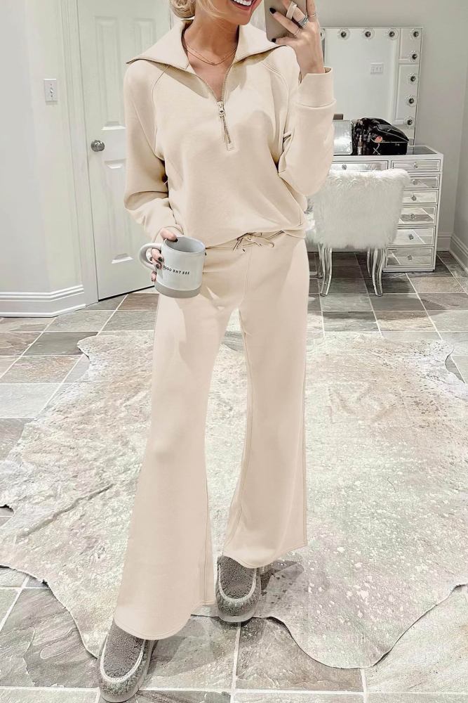 Lapel Zip-up Sweatshirt Wide Leg Long Pants Set