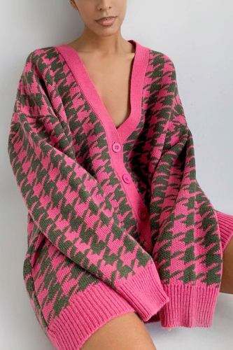 V Neck Houndstooth Contrast Mid-length Cardigan