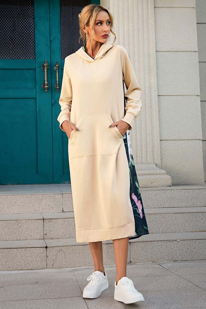 Back Floral Print Patchwork Cotton Long Hoodie